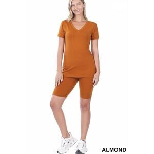 Cotton V-Neck Top & Biker Shorts set (Almond)-Large